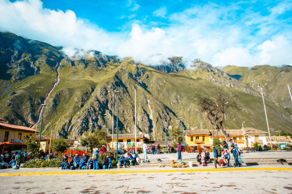 setting up in Ollaytaytambo for the inca trail hike to machu picchu