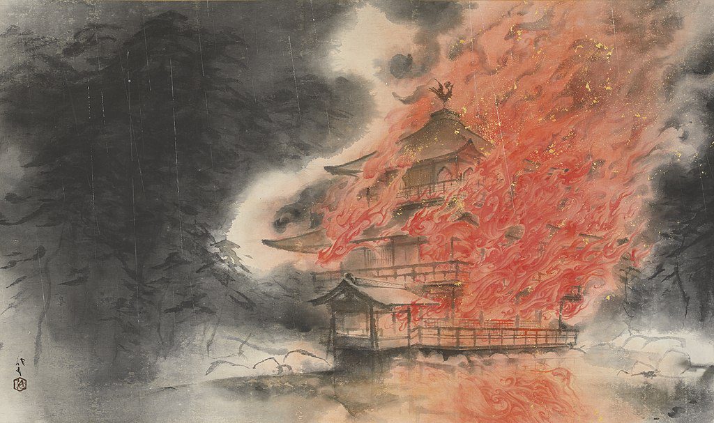 drawing of kinkakuji temple on fire