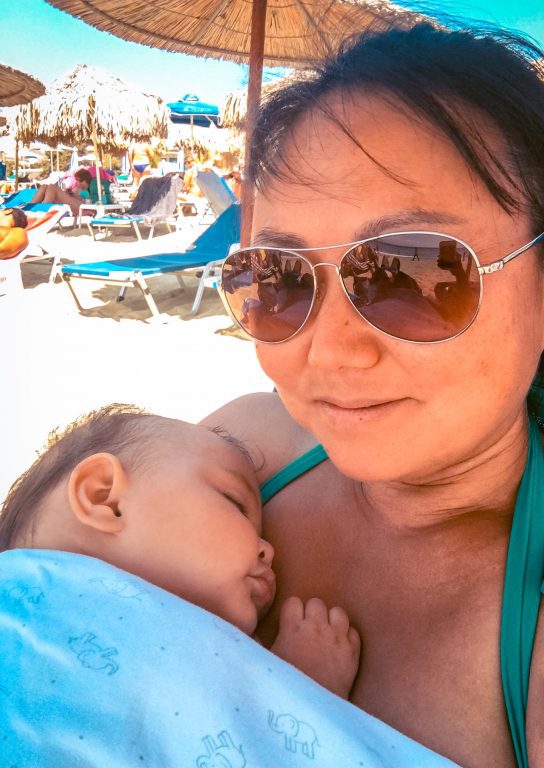 6 Reasons Why Agios Prokopios in Naxos, Greece is Total Beach Perfection 3 mom and baby on agios prokopios beach in naxos, greece