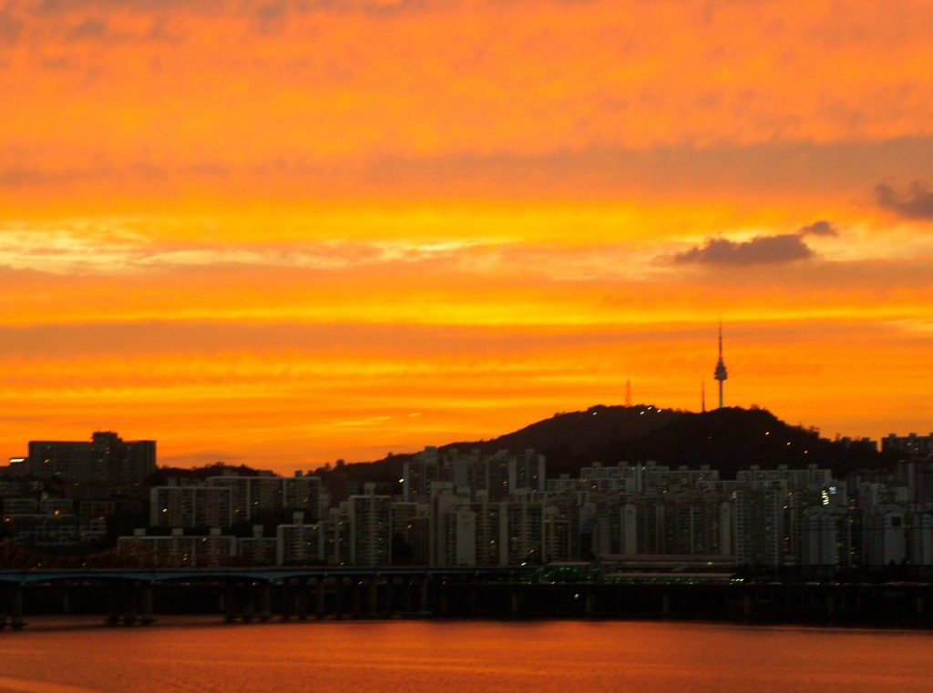 sunset over namsan in seoul korea