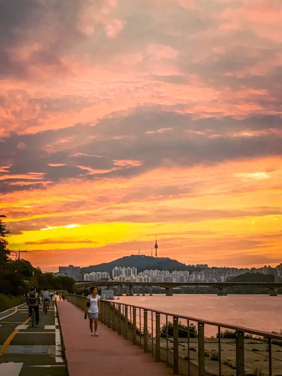 sunset by the hangang river in seoul