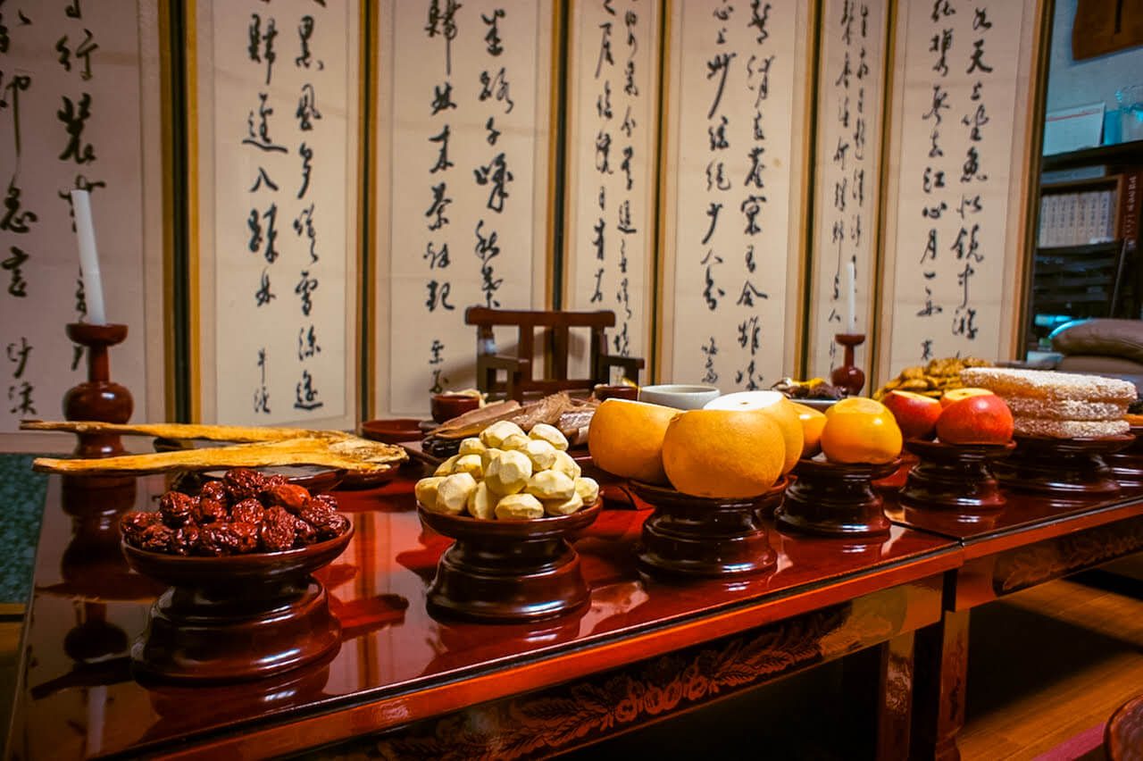seollal | charye table set up with traditional korean foods