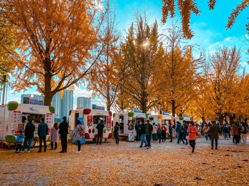 food trucks at asan ginkgo tree road in autumn