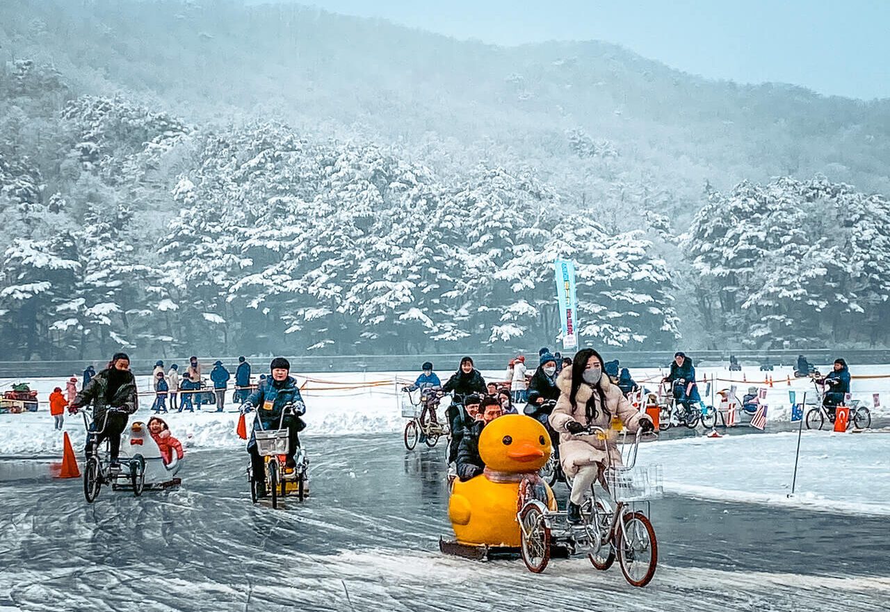 korea in january | sanjeong lake sledding festival