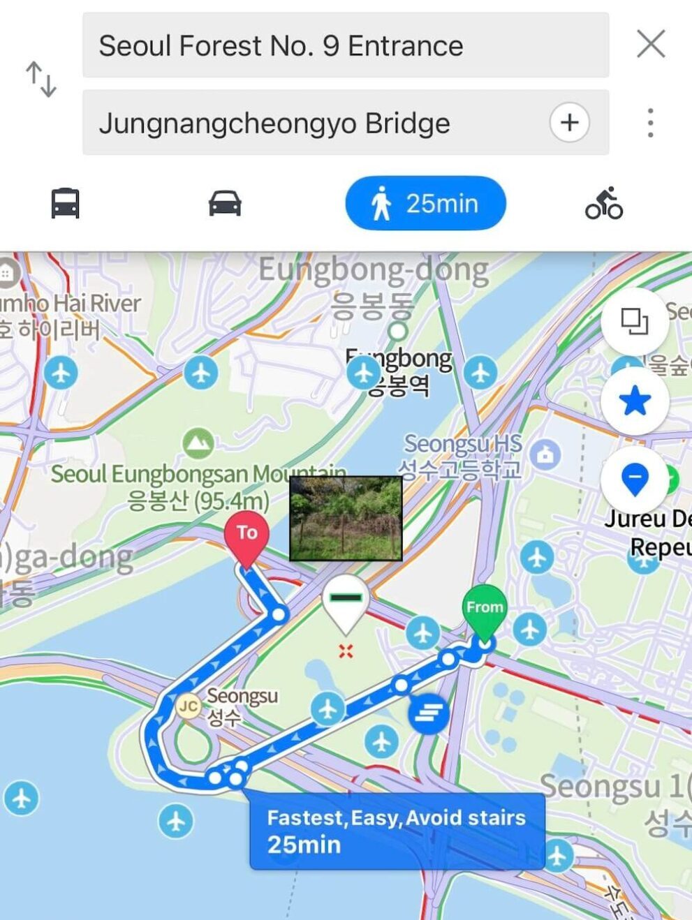 Seoul Forest to Jungnangcheongyo Bridge Map.