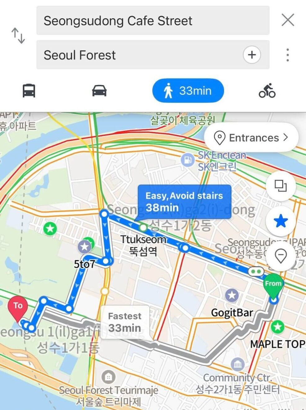 Seongsu-dong to Seoul Forest Map